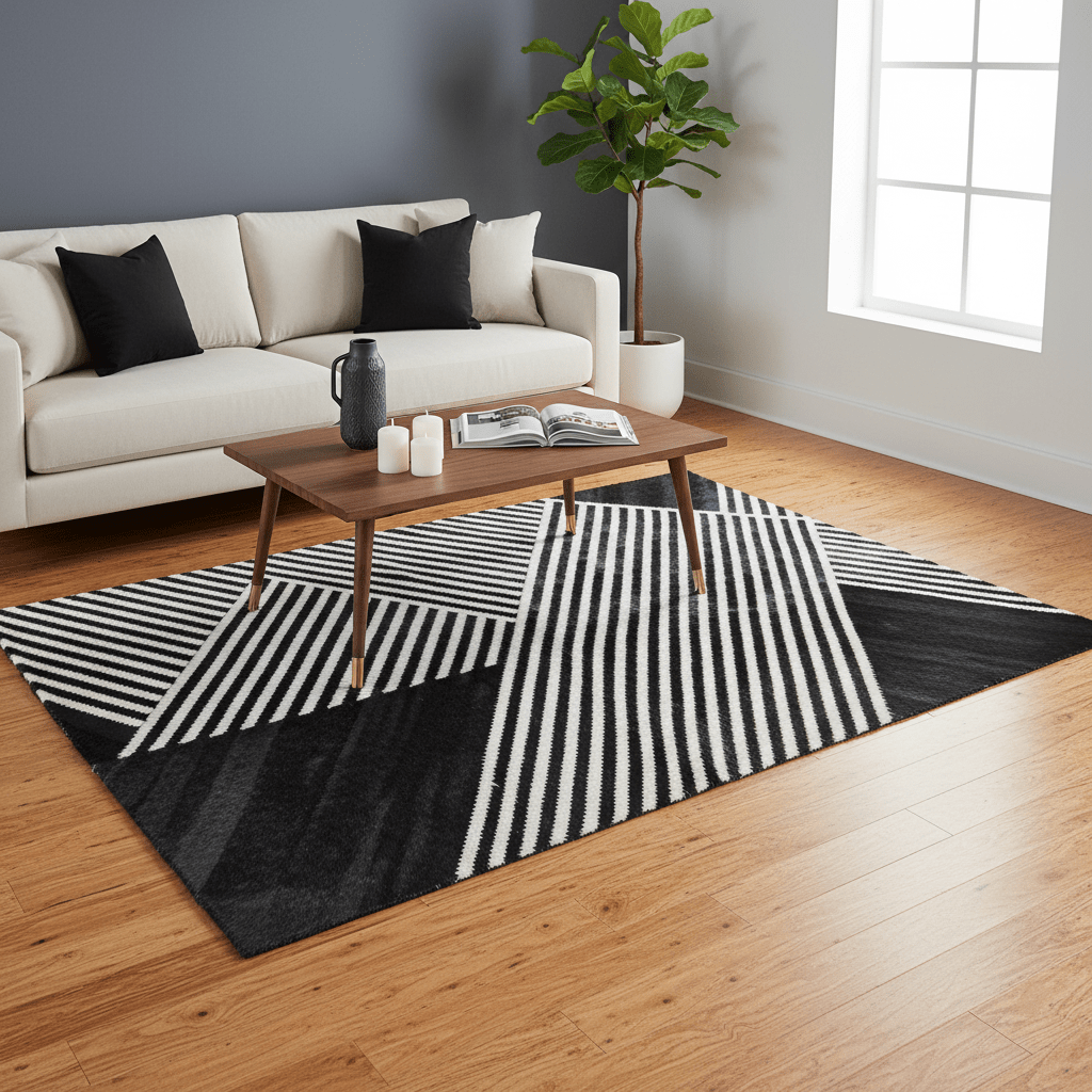Bosie Safira Large Black And White Hair on Leather Rug