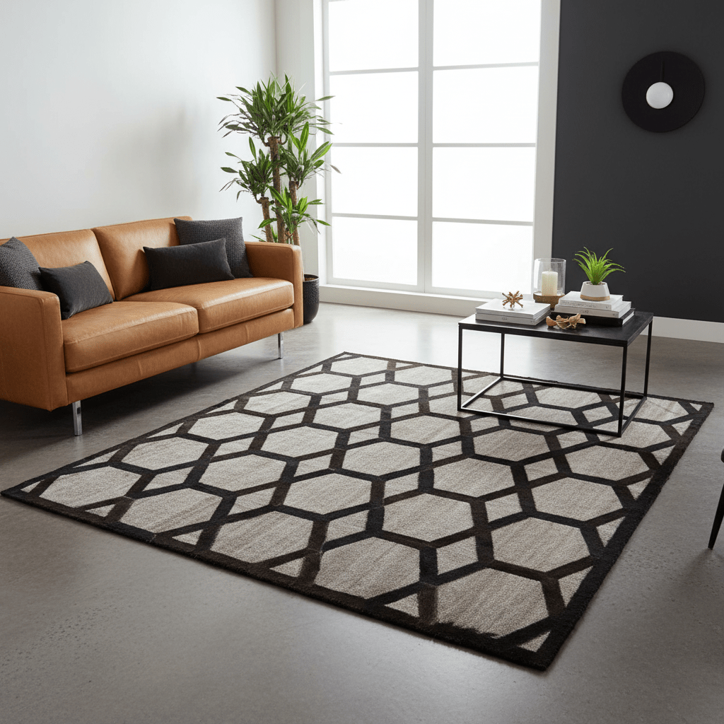 Bosie Safira Large Grey Rug with Black Hair on Leather