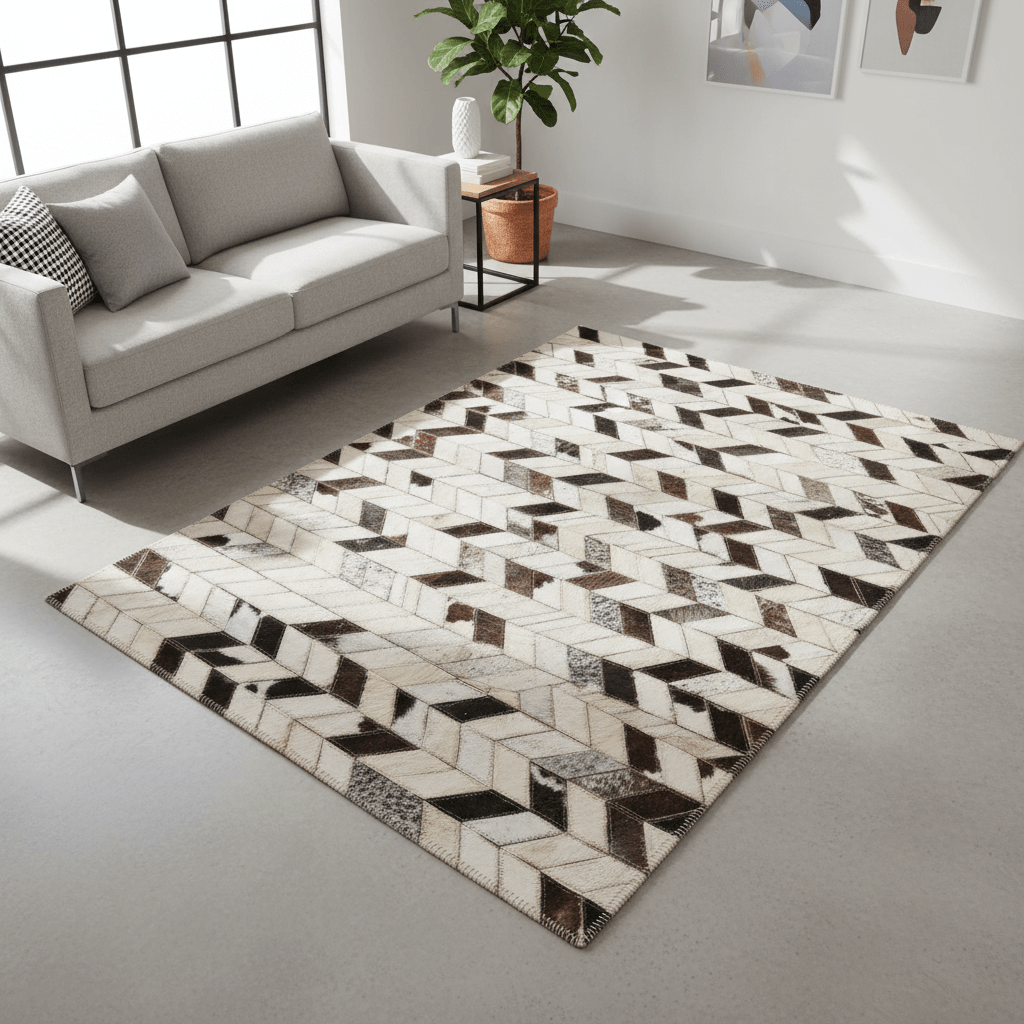 Bosie Safira Large Hair on Leather Chevron Patchwork Rug