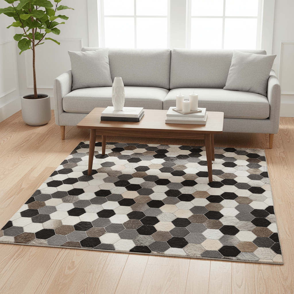 Bosie Safira Large Hair on Leather Hexagon Patchwork Rug