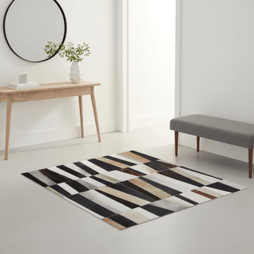 Bosie Safira Small Geometric Striped Hair on Leather Patchwork Rug