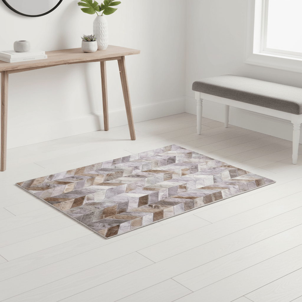 Bosie Safira Small Grey Hair on Leather Chevron Patchwork Rug