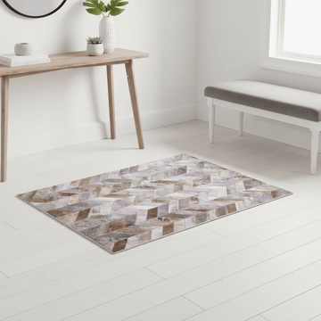 Bosie Safira Small Grey Hair on Leather Chevron Patchwork Rug