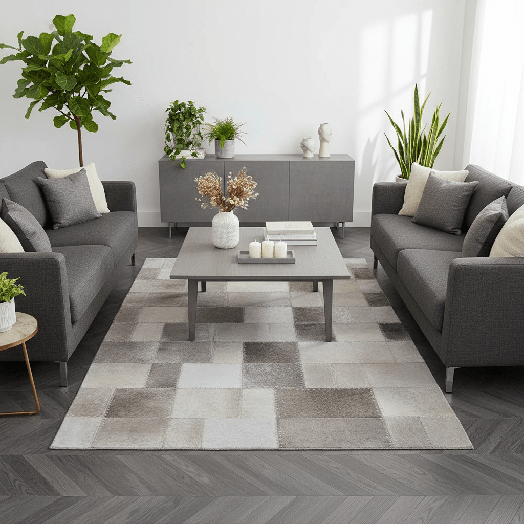 Bosie Safira Large Grey Hair on Leather Patchwork Rug