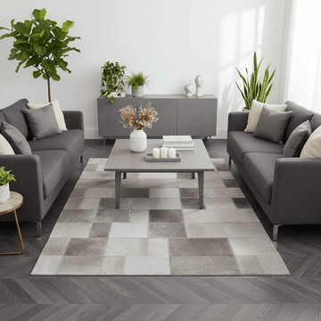 Bosie Safira Large Grey Hair on Leather Patchwork Rug