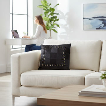 Bosie Safira Black Hair on Leather Patchwork Cushion