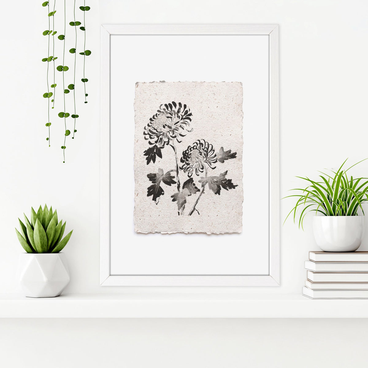 Botanical Artwork Neutral Chrysanthemum Ink-Style Floral wall art — piece 1 of 3 in the set