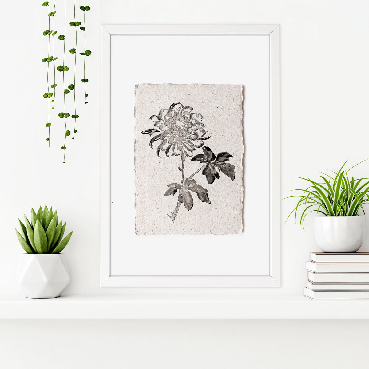 Botanical Artwork Neutral Chrysanthemum Ink-Style Floral wall art — piece 2 of 3 in the set