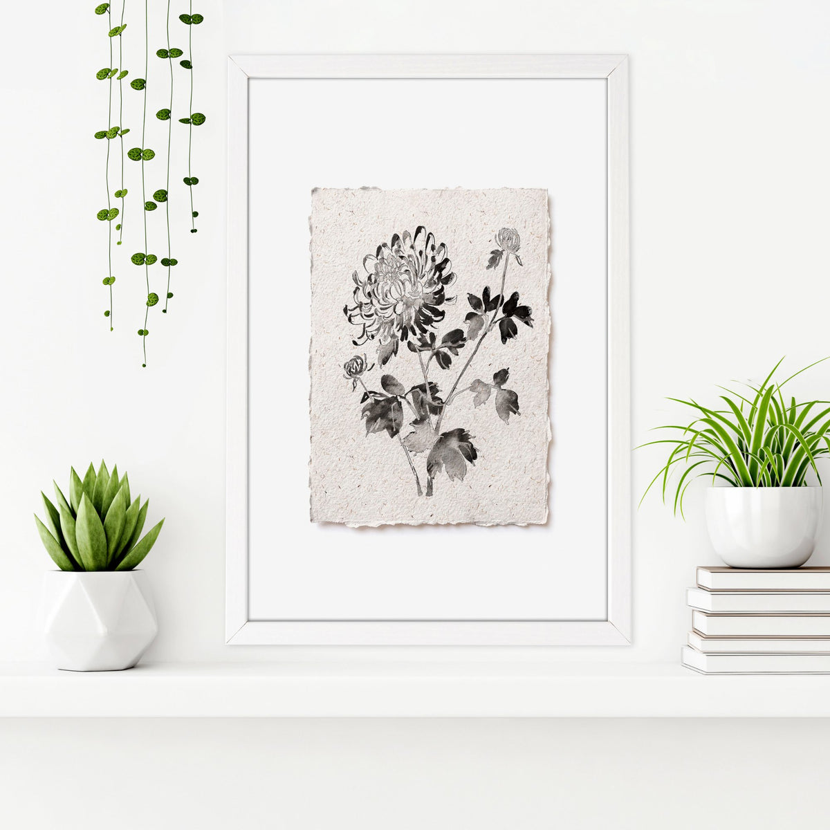 Botanical Artwork Neutral Chrysanthemum Ink-Style Floral wall art — piece 3 of 3 in the set