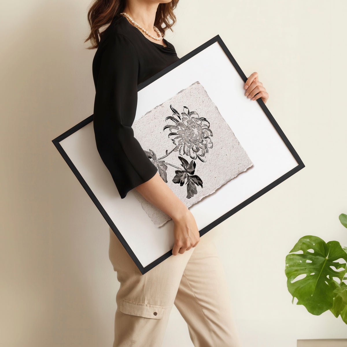 Botanical Artwork Neutral Chrysanthemum Ink-Style Floral wall art displayed on a wall in a styled room
