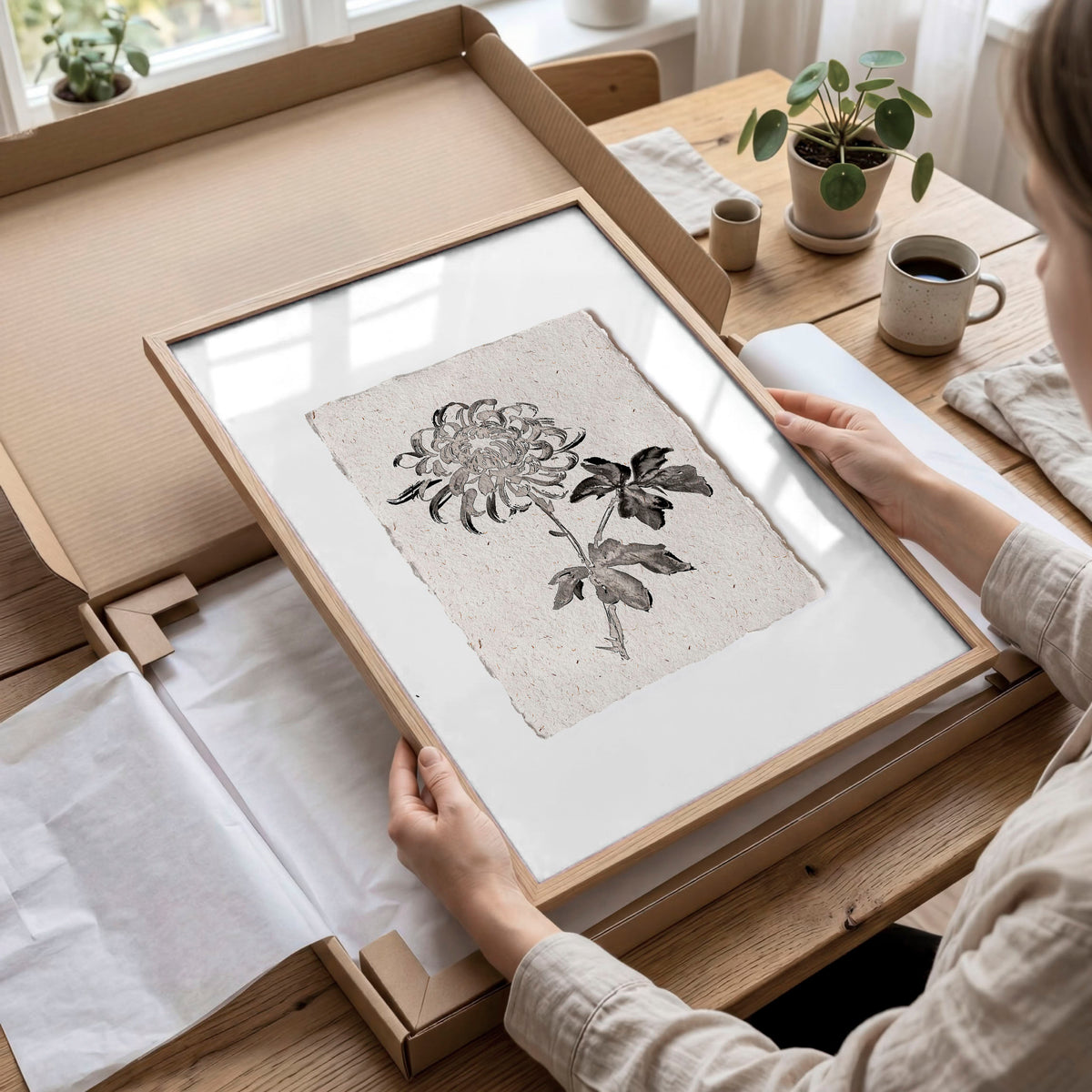 Botanical Artwork Neutral Chrysanthemum Ink-Style Floral wall art displayed on a wall in a styled room — view 2