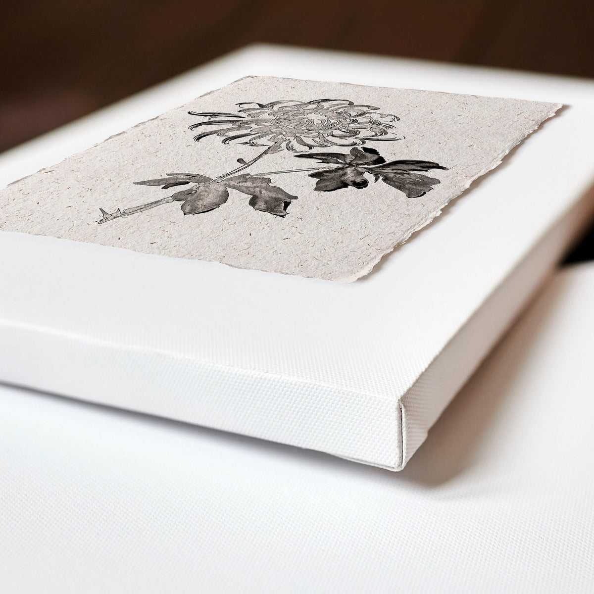 Botanical Artwork Neutral Chrysanthemum Ink-Style Floral wall art displayed on a wall in a styled room — view 3