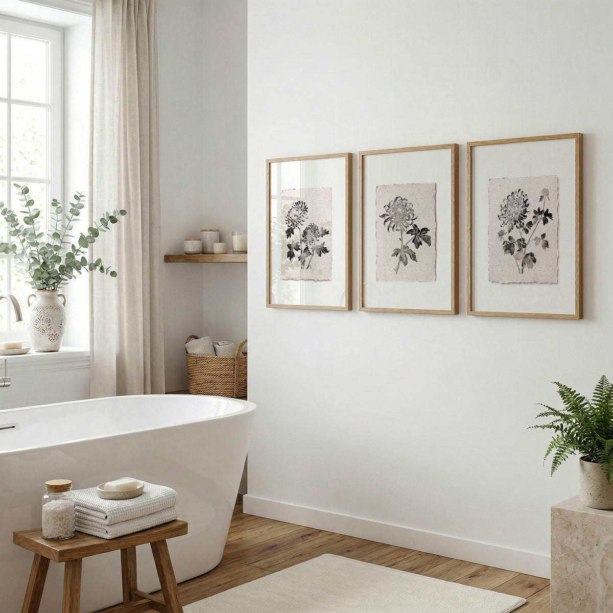 Botanical Artwork Neutral Chrysanthemum Ink-Style Floral wall art displayed on a wall in a styled room — view 5
