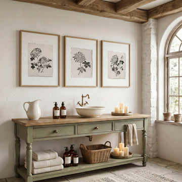 Botanical Artwork Neutral Chrysanthemum Ink-Style Floral wall art displayed on a wall in a styled room — view 8
