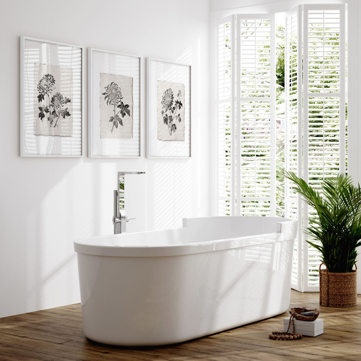 Botanical Artwork Neutral Chrysanthemum Ink-Style Floral wall art displayed on a wall in a styled room — view 9