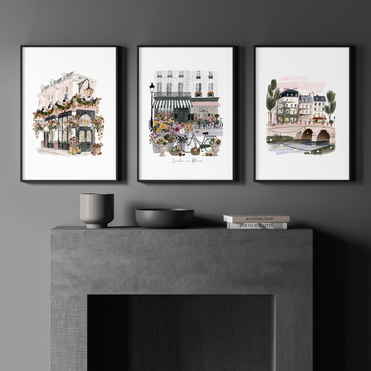 British Posters "London in Bloom" Travel wall art displayed on a wall in a styled room — view 4