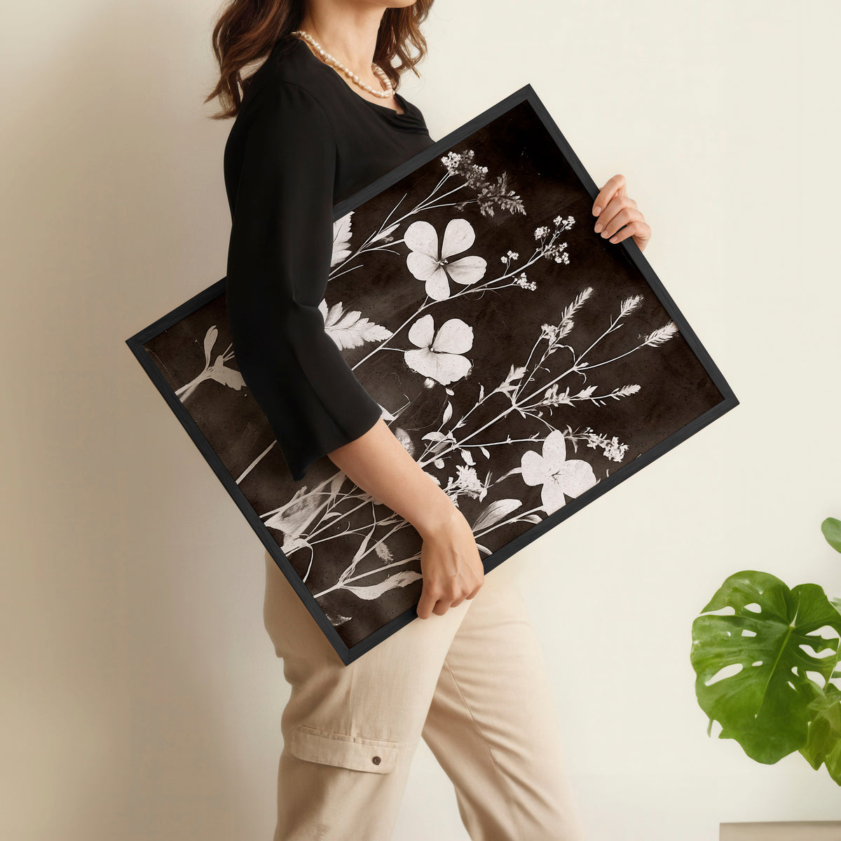 Brown Painting Botanical Wild Botanicals Dark Tonal wall art displayed on a wall in a styled room