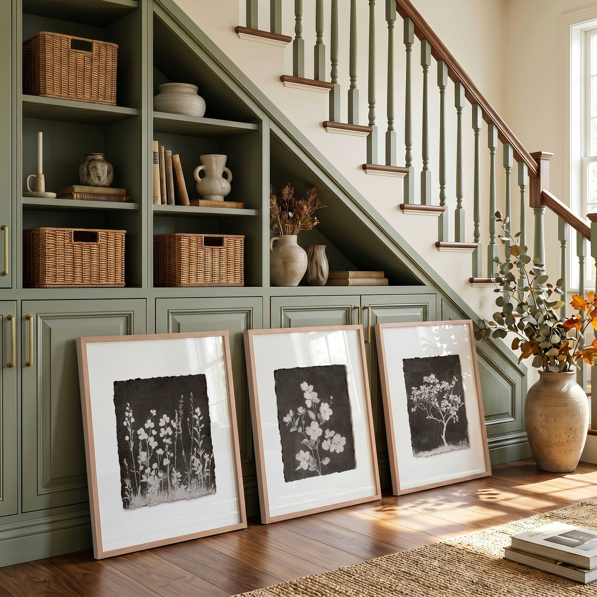 Brown Wall Art Rustic Botanical Wildflowers & Blossom Tree wall art displayed on a wall in a styled room — view 2