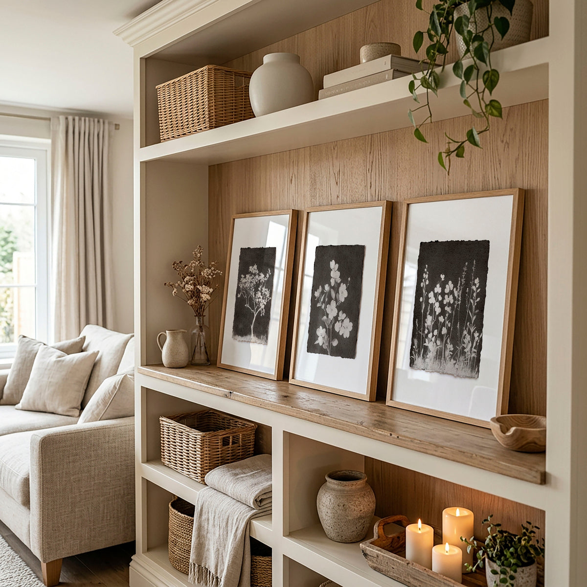 Brown Wall Art Rustic Botanical Wildflowers & Blossom Tree wall art displayed on a wall in a styled room — view 3