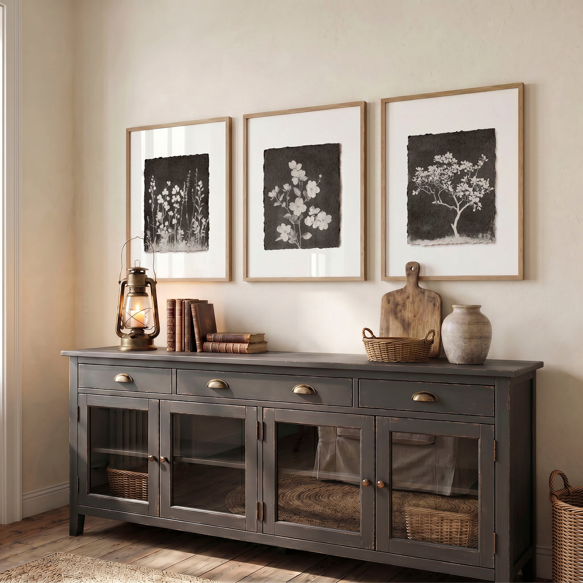 Brown Wall Art Rustic Botanical Wildflowers & Blossom Tree wall art displayed on a wall in a styled room — view 5