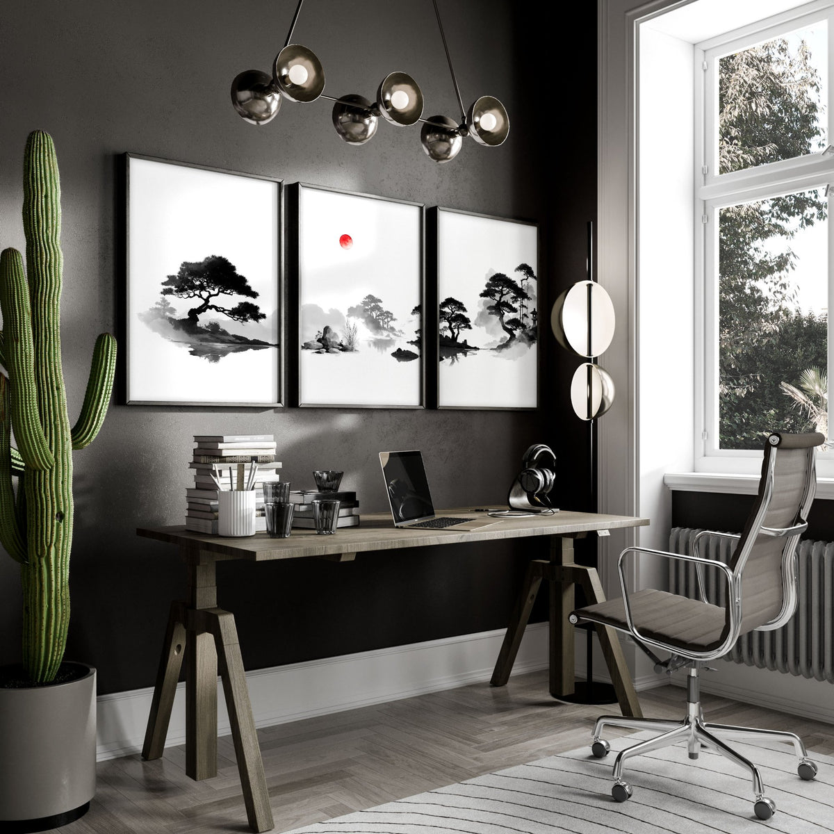 Calming Artwork Japandi Zen Landscape Black White Red Sun wall art displayed on a wall in a styled room