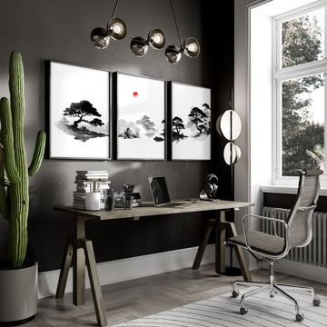 Calming Artwork Japandi Zen Landscape Black White Red Sun wall art displayed on a wall in a styled room