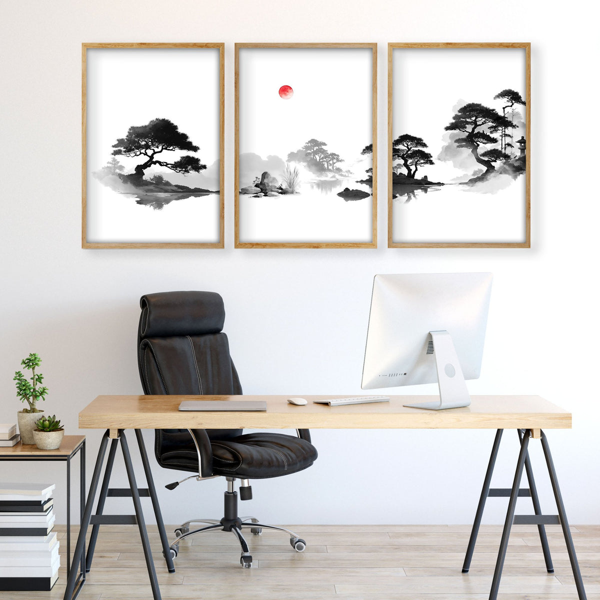Calming Artwork Japandi Zen Landscape Black White Red Sun wall art displayed on a wall in a styled room — view 2