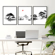 Calming Artwork Japandi Zen Landscape Black White Red Sun wall art displayed on a wall in a styled room — view 3