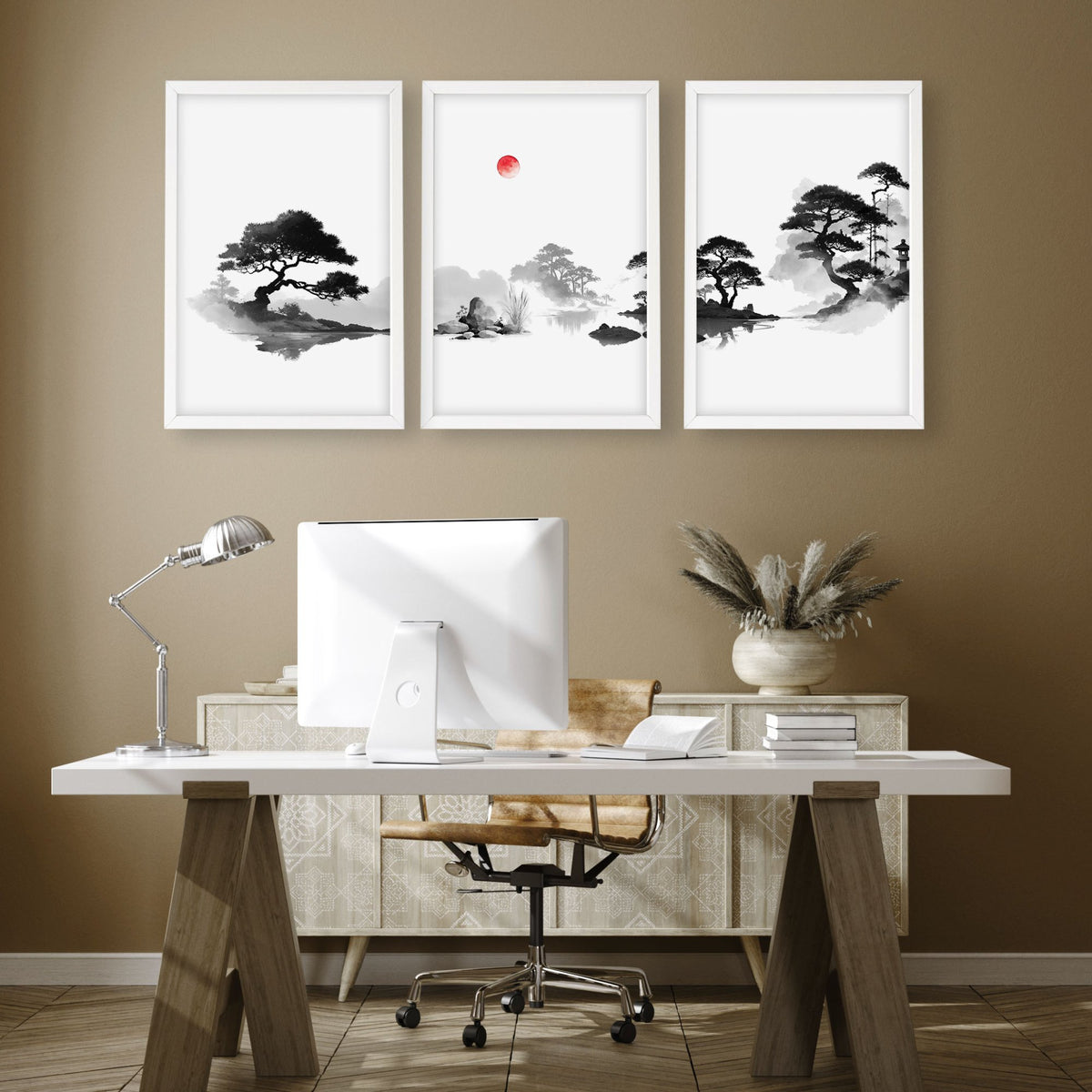 Calming Artwork Japandi Zen Landscape Black White Red Sun wall art displayed on a wall in a styled room — view 4