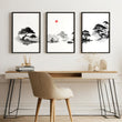 Calming Artwork Japandi Zen Landscape Black White Red Sun wall art displayed on a wall in a styled room — view 5