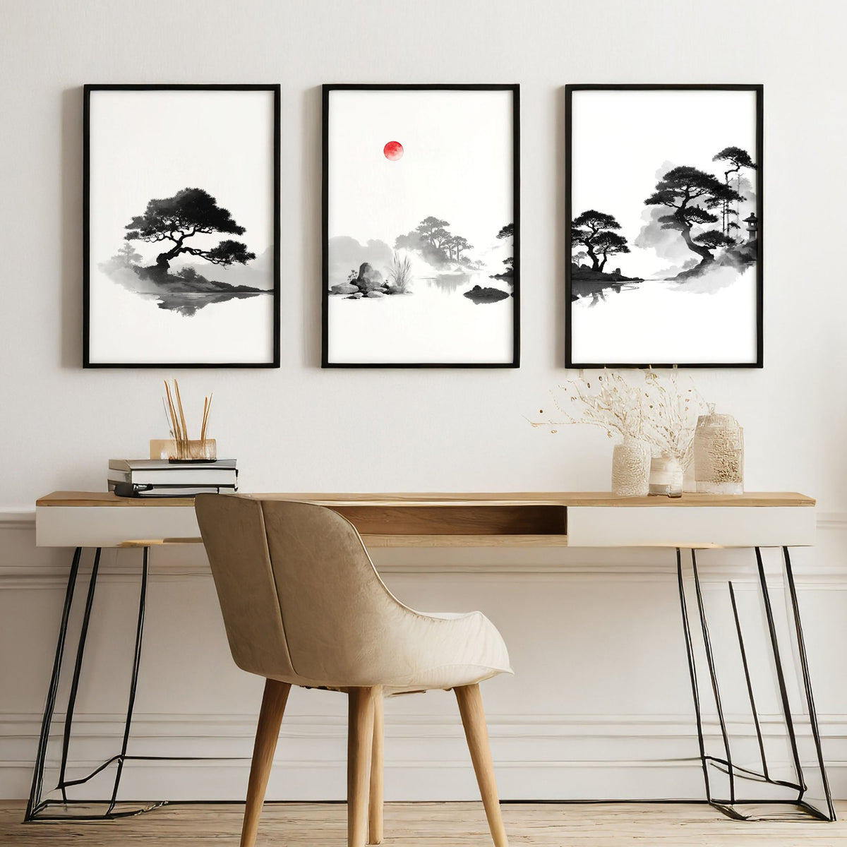 Calming Artwork Japandi Zen Landscape Black White Red Sun wall art displayed on a wall in a styled room — view 5