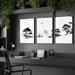 Calming Artwork Japandi Zen Landscape Black White Red Sun wall art displayed on a wall in a styled room — view 6