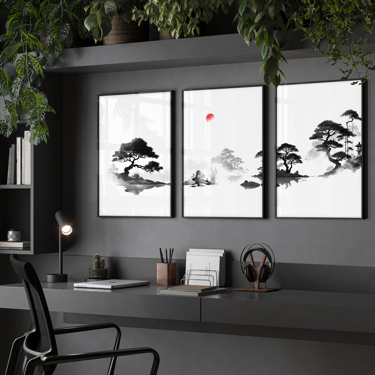 Calming Artwork Japandi Zen Landscape Black White Red Sun wall art displayed on a wall in a styled room — view 6