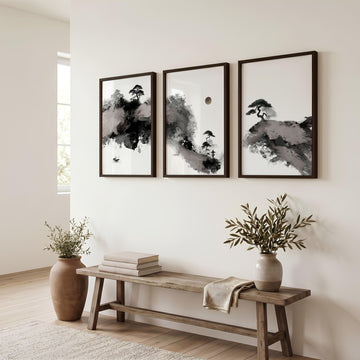 Calming Wall Art Japanese Ink Landscape with Maroon Sun, Black Pine Trees & Lone Fisherman displayed on a wall in a styled room — view 2