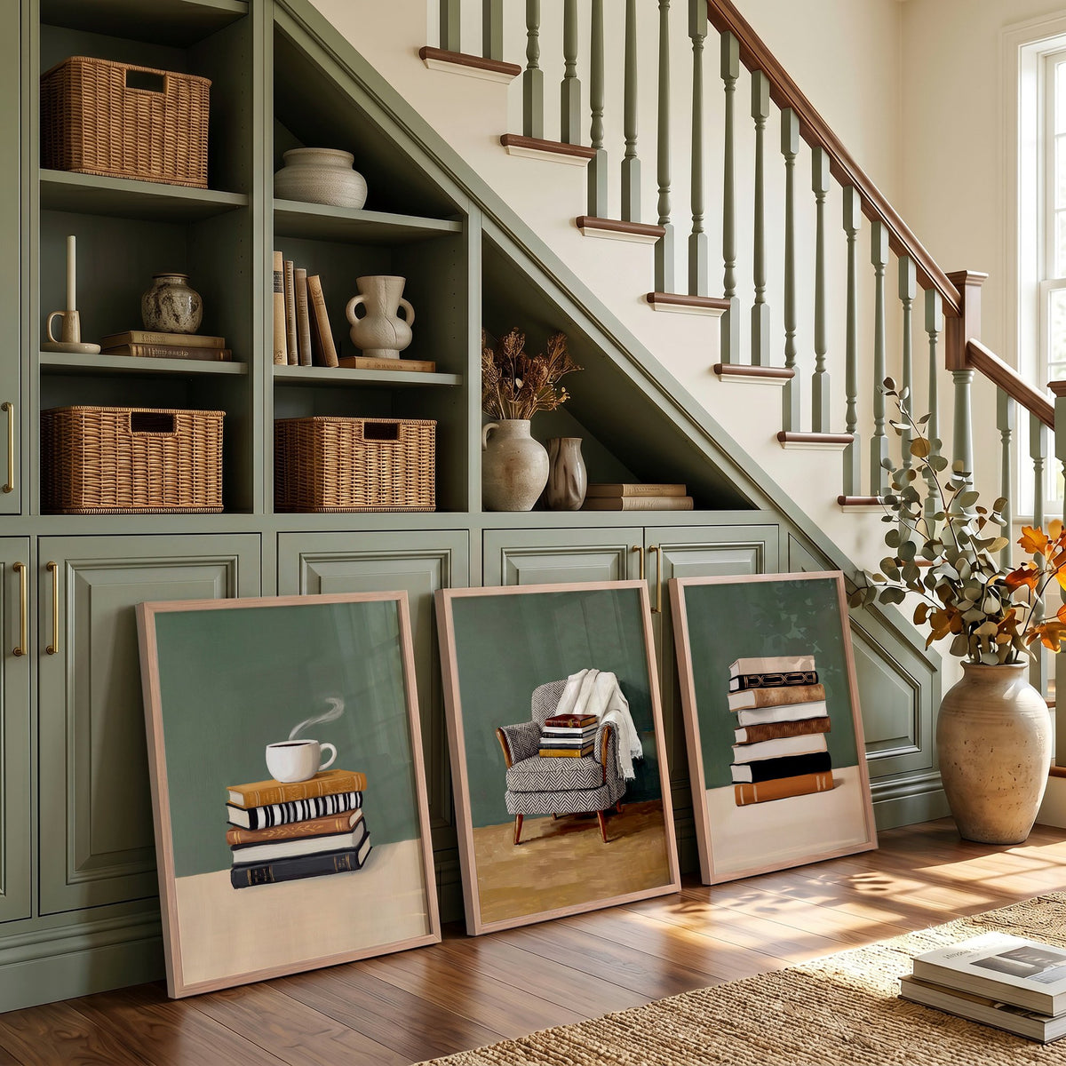 Canvas 3 Piece Wall Art Bohemian Books & Reading Chair Green Tones displayed on a wall in a styled room