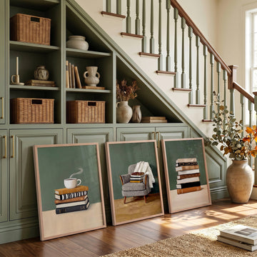 Canvas 3 Piece Wall Art Bohemian Books & Reading Chair Green Tones displayed on a wall in a styled room