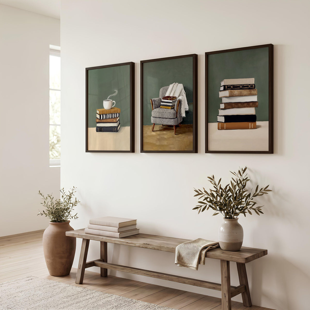 Canvas 3 Piece Wall Art Bohemian Books & Reading Chair Green Tones displayed on a wall in a styled room — view 2
