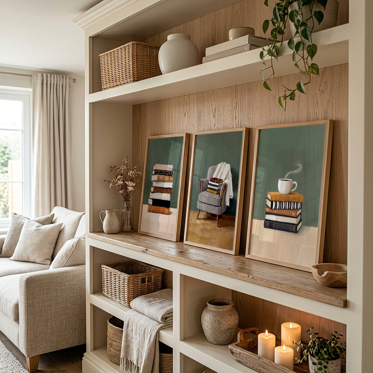 Canvas 3 Piece Wall Art Bohemian Books & Reading Chair Green Tones displayed on a wall in a styled room — view 3