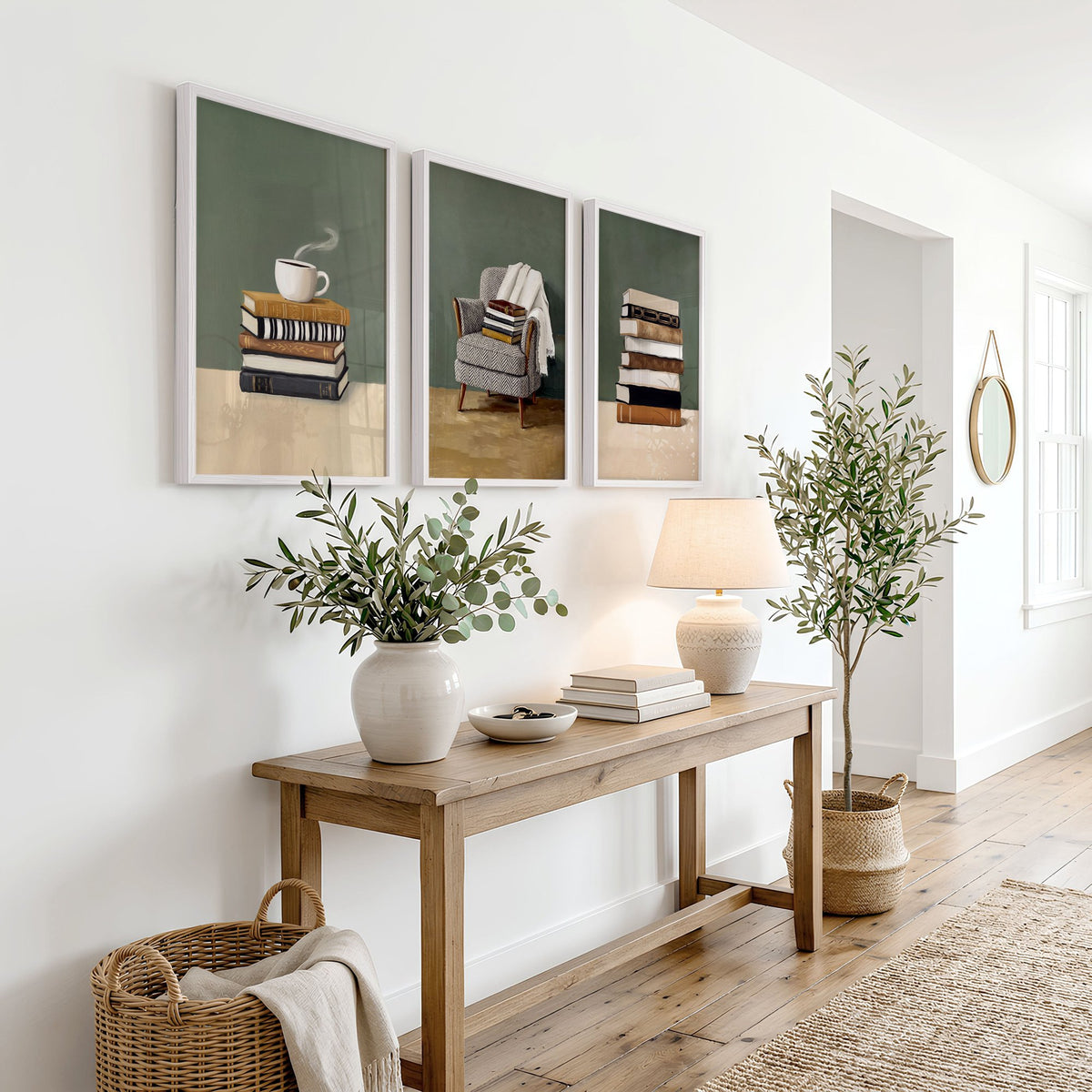 Canvas 3 Piece Wall Art Bohemian Books & Reading Chair Green Tones displayed on a wall in a styled room — view 4
