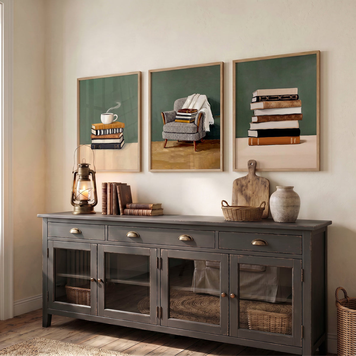 Canvas 3 Piece Wall Art Bohemian Books & Reading Chair Green Tones displayed on a wall in a styled room — view 5
