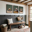 Canvas 3 Piece Wall Art Bohemian Books & Reading Chair Green Tones displayed on a wall in a styled room — view 7