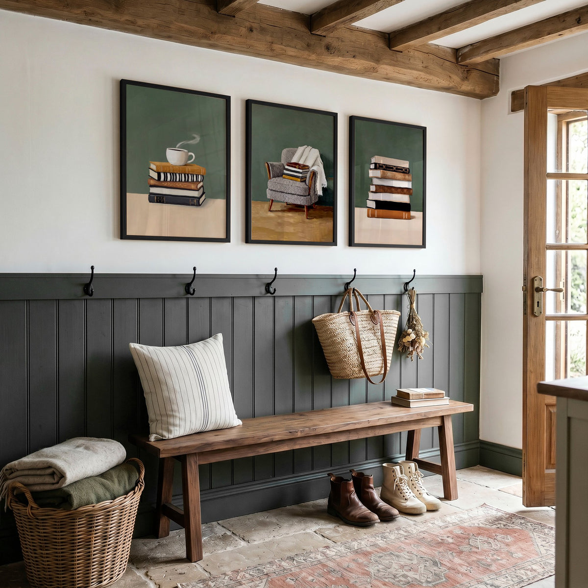 Canvas 3 Piece Wall Art Bohemian Books & Reading Chair Green Tones displayed on a wall in a styled room — view 7