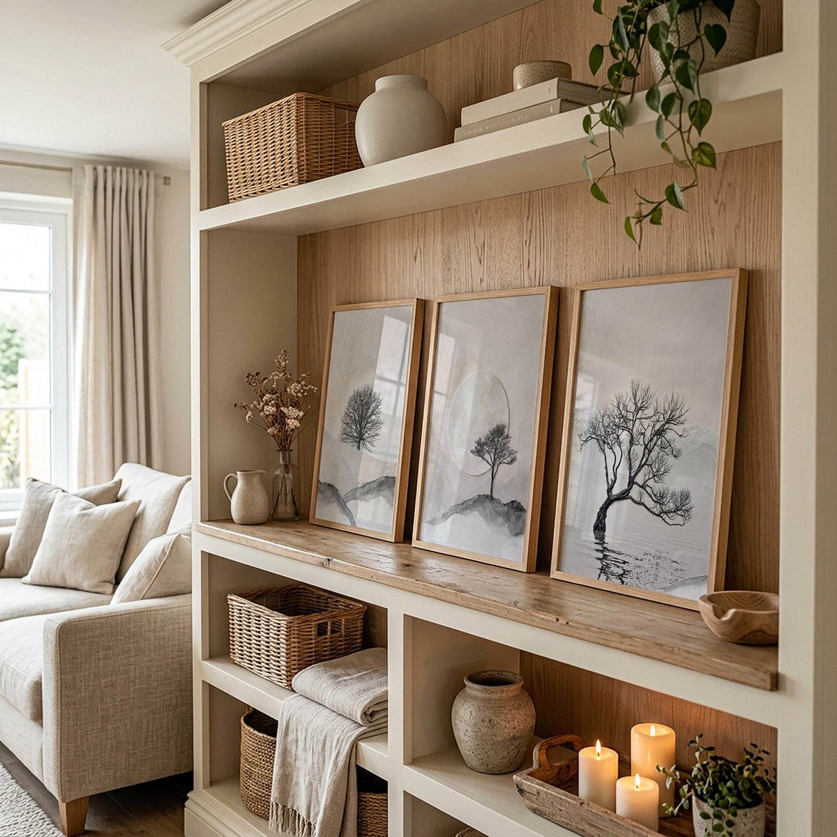 Canvas Art Landscape Scandi Nordic Trees & Moon wall art displayed on a wall in a styled room — view 3