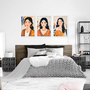 Canvas Bedroom Art | Set of 3 Boho Women Wall art Prints
