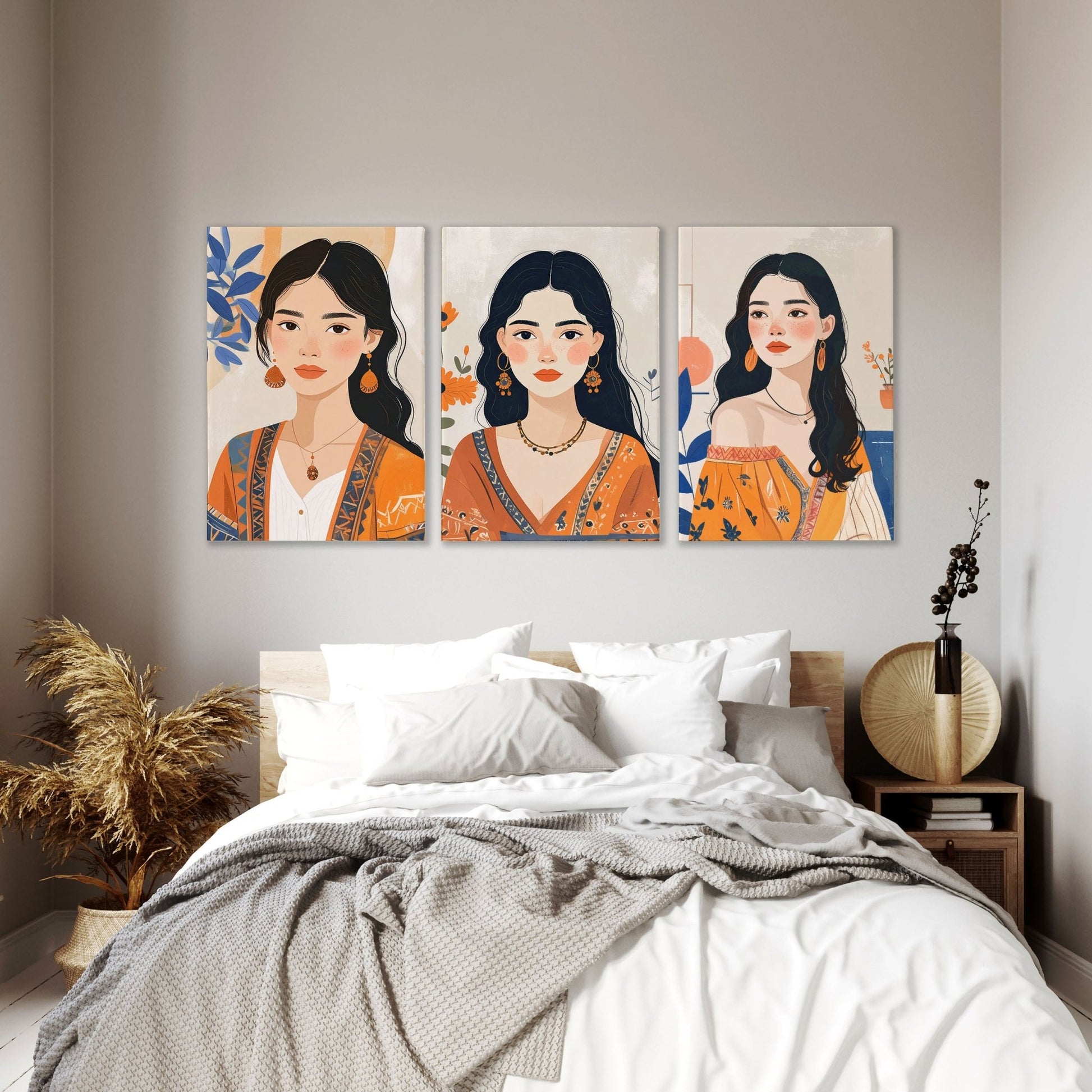 Canvas Bedroom Art | Set of 3 Boho Women Wall art Prints