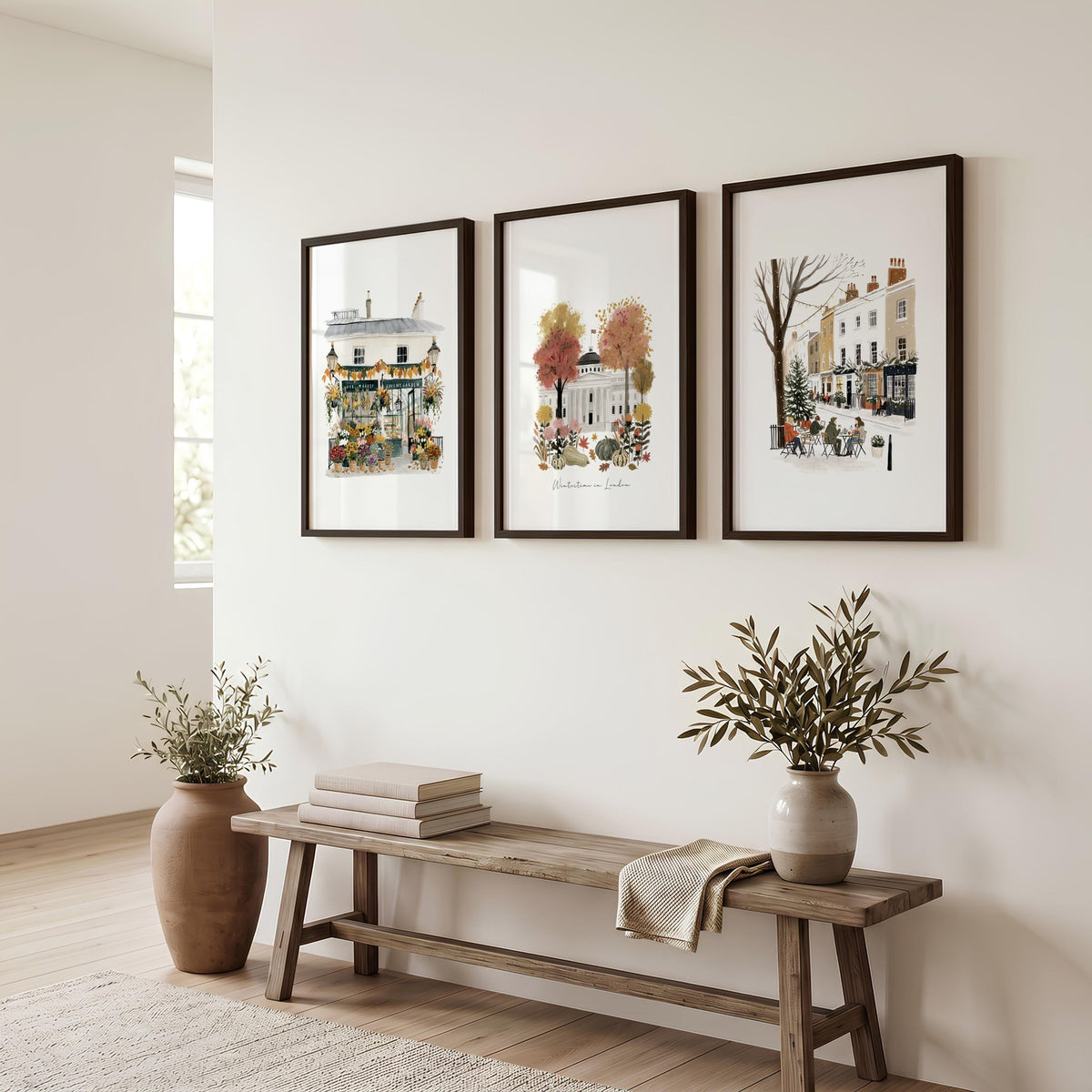 Canvas for Hallway London Travel wall art | "Wintertime in London" Covent Garden Set of 3 displayed on a wall in a styled room