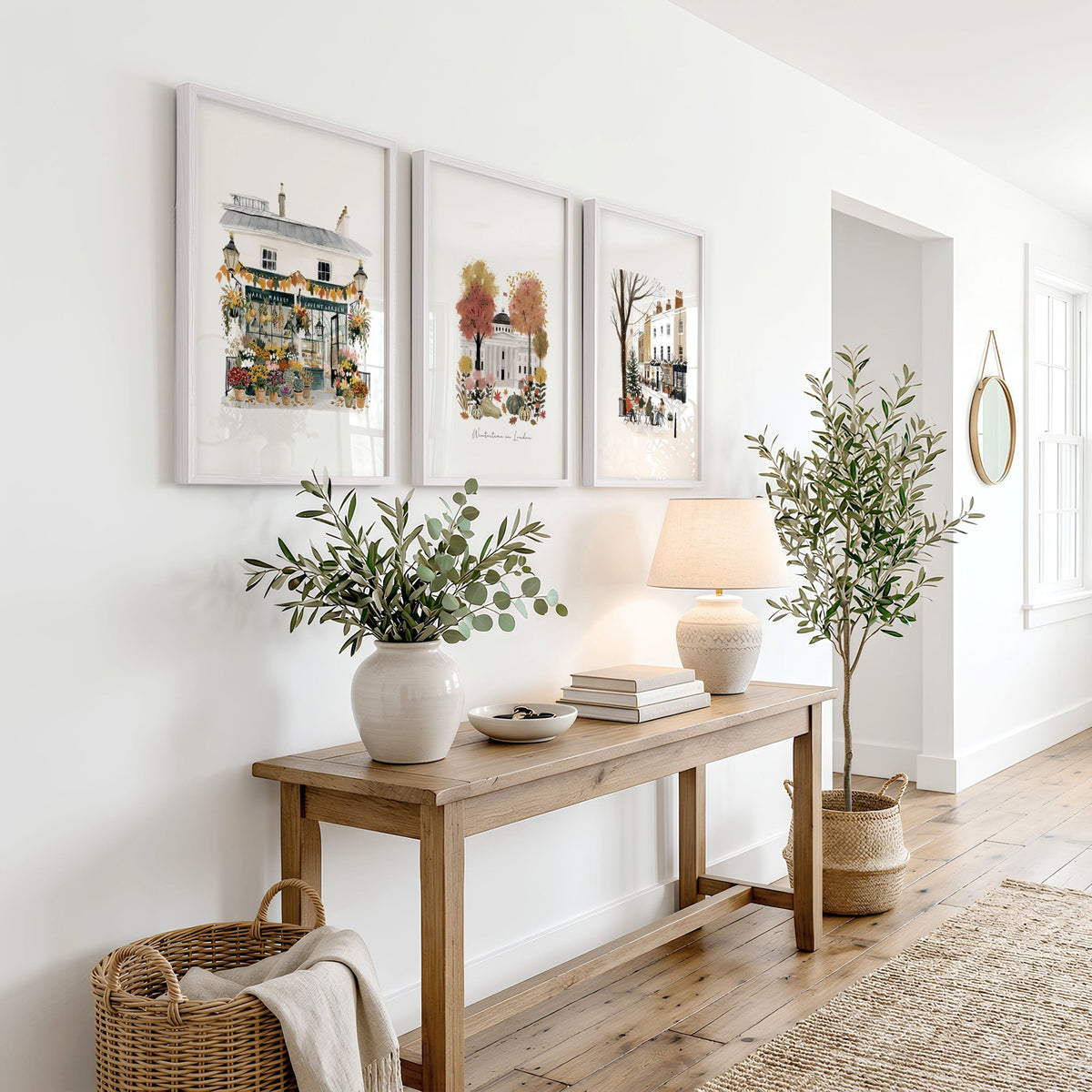 Canvas for Hallway London Travel wall art | "Wintertime in London" Covent Garden Set of 3 displayed on a wall in a styled room — view 3