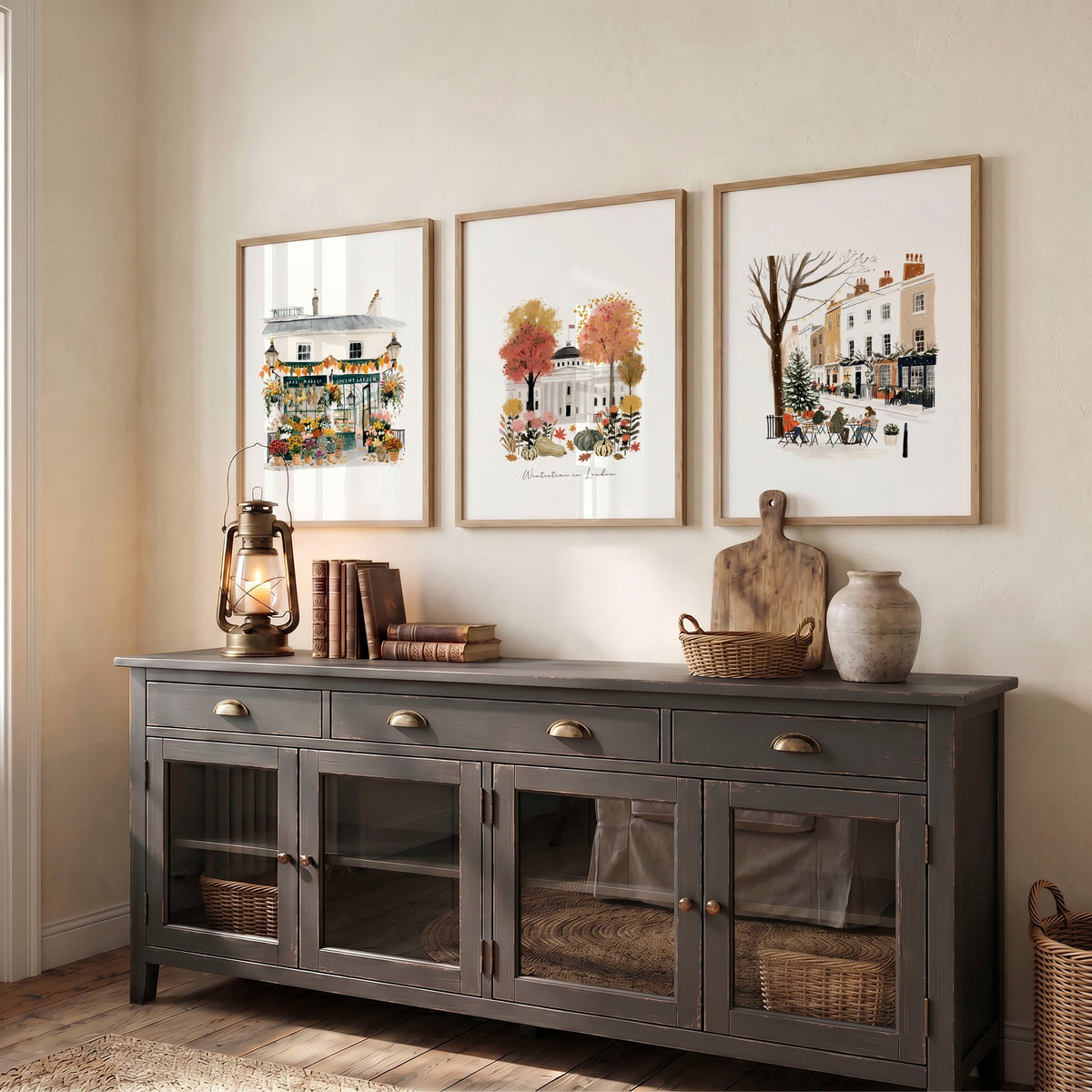Canvas for Hallway London Travel wall art | "Wintertime in London" Covent Garden Set of 3 displayed on a wall in a styled room — view 4