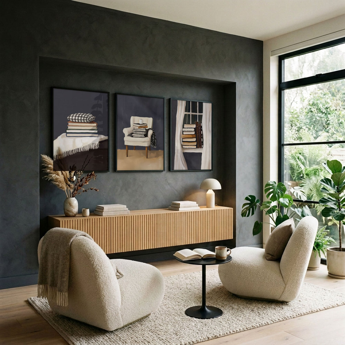 Canvas Painting for Living Room Bohemian Book Lover Still Life wall art displayed on a wall in a styled room