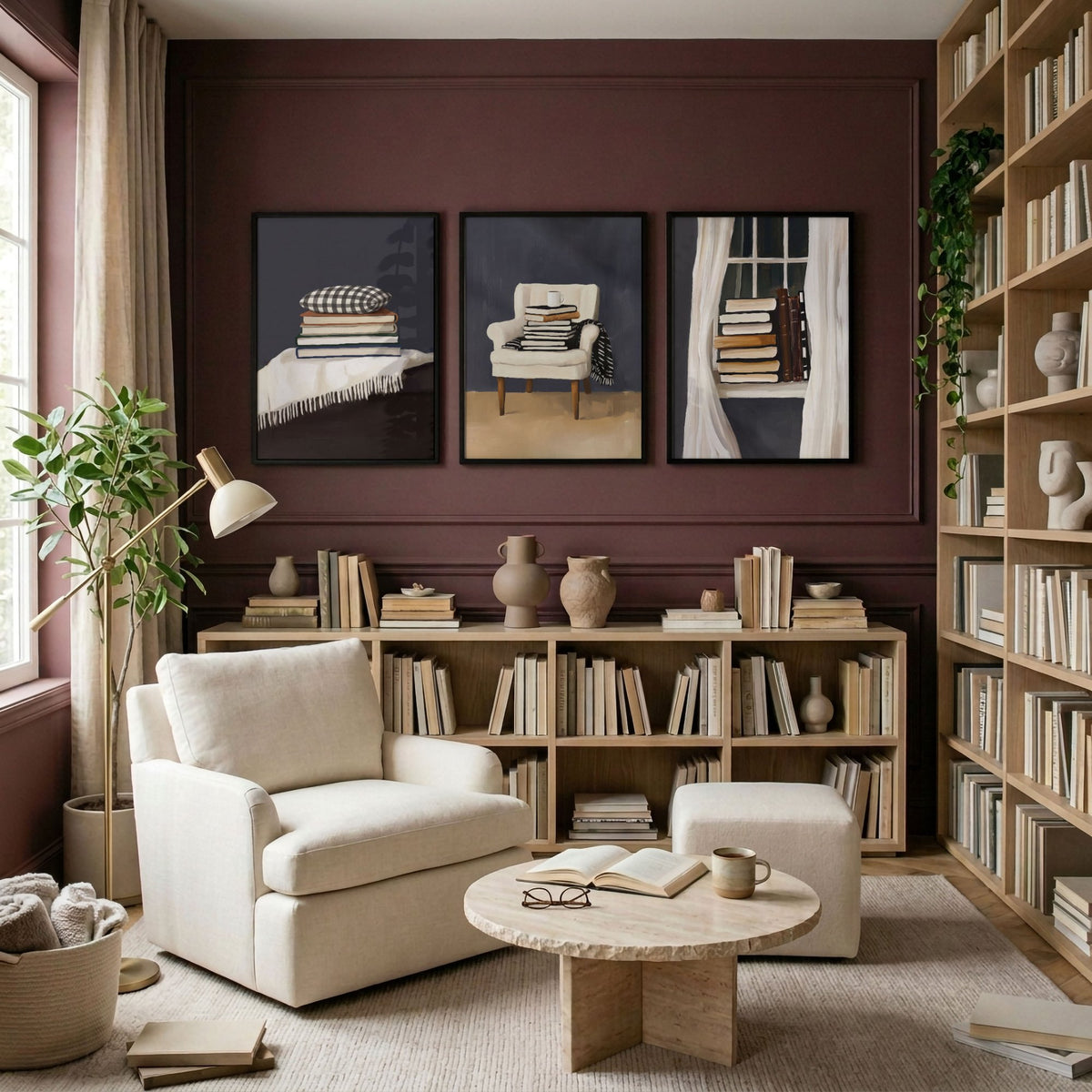 Canvas Painting for Living Room Bohemian Book Lover Still Life wall art displayed on a wall in a styled room — view 3